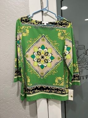 Charter Club Green Medallion Print Tunic with Yellow & Cream Accents